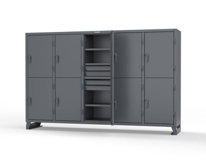 Extreme Duty 12 GA Double-Tier Locker with 10 Compartments, 15 Shelves, 20 Drawers - 122 in. W x 24in. D x 78 in. H - 106-24-2TPL-20DB-7024