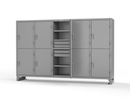 Extreme Duty 12 GA Double-Tier Locker with 10 Compartments, 15 Shelves, 20 Drawers - 122 in. W x 24in. D x 78 in. H - 106-24-2TPL-20DB-7037