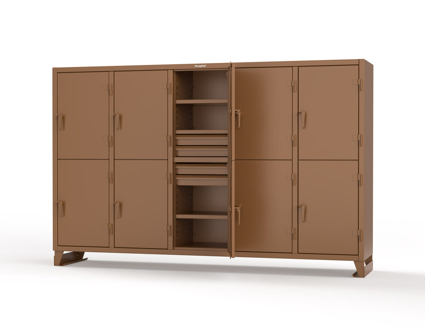 Extreme Duty 12 GA Double-Tier Locker with 10 Compartments, 15 Shelves, 20 Drawers - 122 in. W x 24in. D x 78 in. H - 106-24-2TPL-20DB-8025