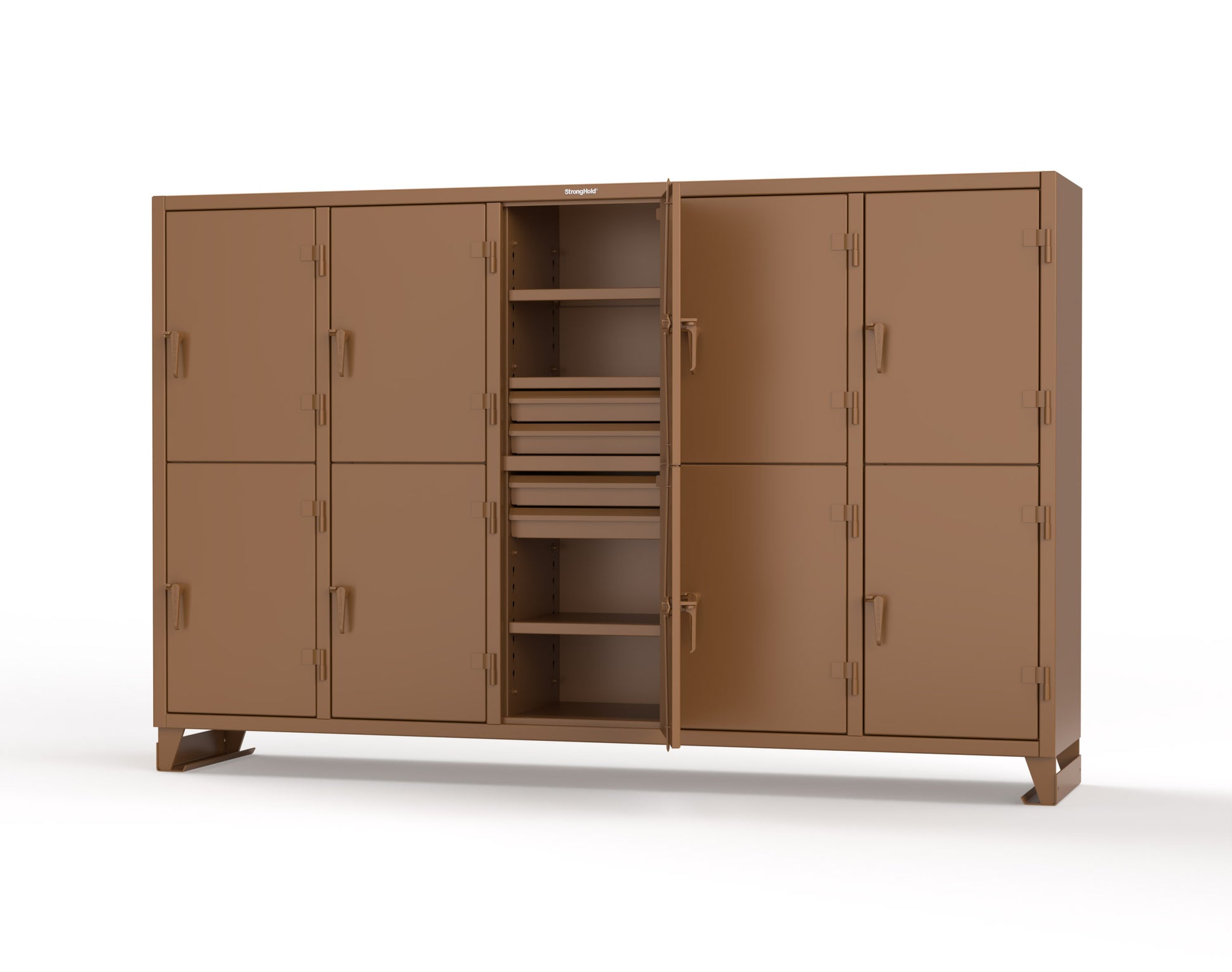 Extreme Duty 12 GA Double-Tier Locker with 10 Compartments, 15 Shelves, 20 Drawers - 122 in. W x 24in. D x 78 in. H - 106-24-2TPL-20DB-8025