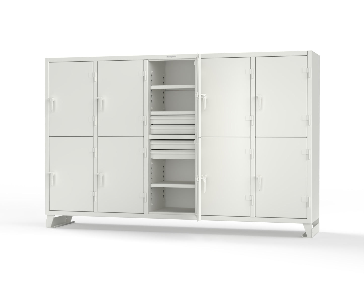 Extreme Duty 12 GA Double-Tier Locker with 10 Compartments, 15 Shelves, 20 Drawers - 122 in. W x 24in. D x 78 in. H - 106-24-2TPL-20DB-9003