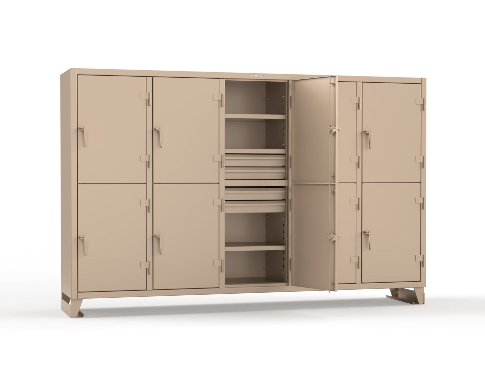 Extreme Duty 12 GA Double-Tier Locker with 10 Compartments, 15 Shelves, 20 Drawers - 122 in. W x 24in. D x 78 in. H - 106-24-2TPL-20DB-1019