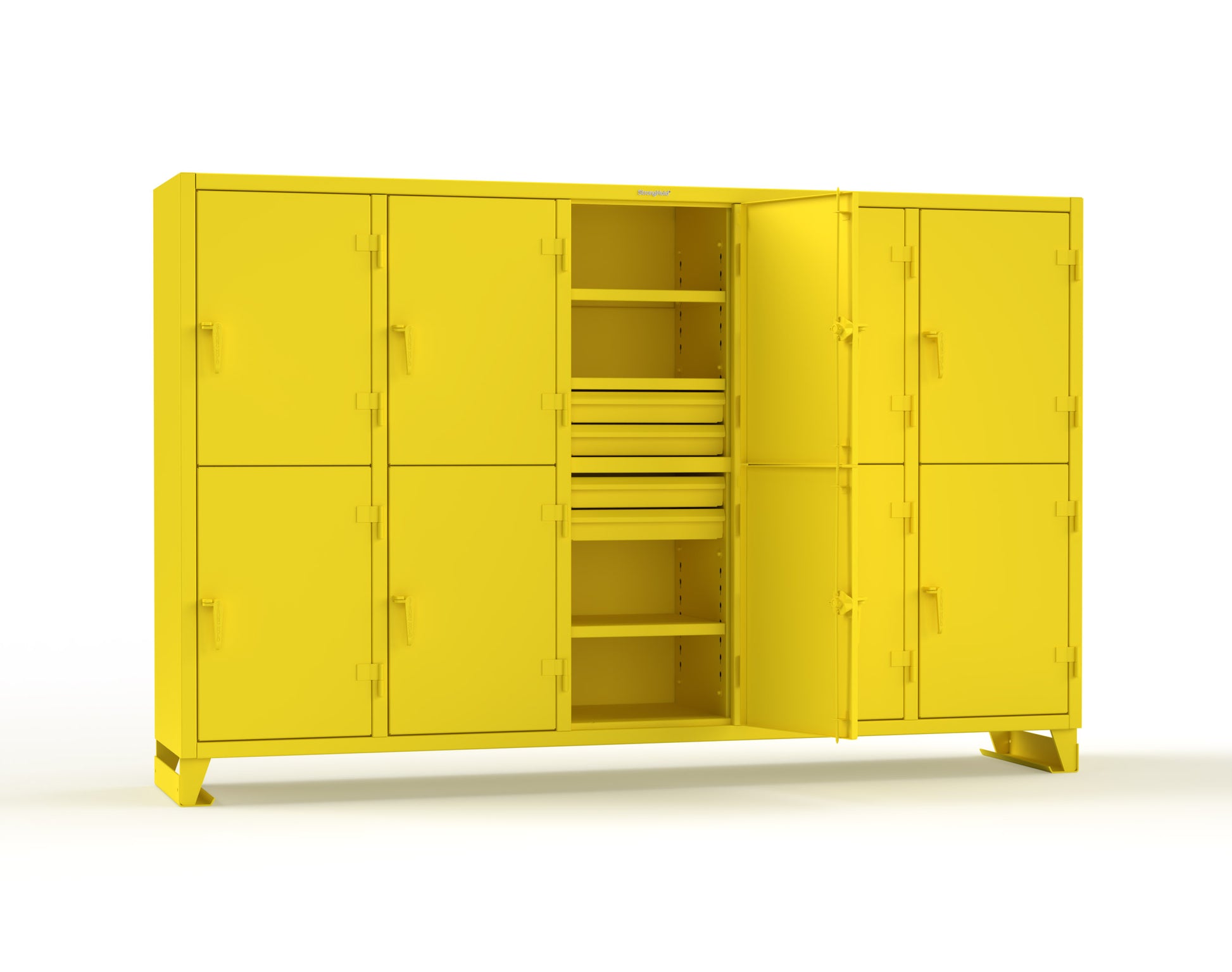 Extreme Duty 12 GA Double-Tier Locker with 10 Compartments, 15 Shelves, 20 Drawers - 122 in. W x 24in. D x 78 in. H - 106-24-2TPL-20DB-1023