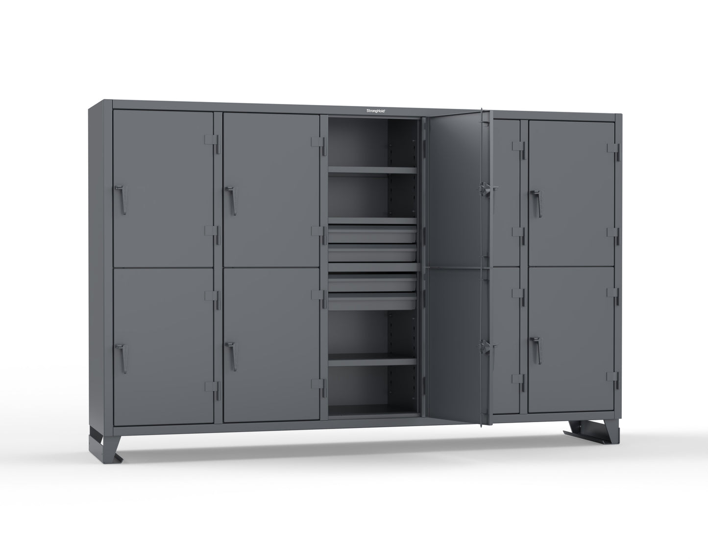 Extreme Duty 12 GA Double-Tier Locker with 10 Compartments, 15 Shelves, 20 Drawers - 122 in. W x 24in. D x 78 in. H - 106-24-2TPL-20DB-7024