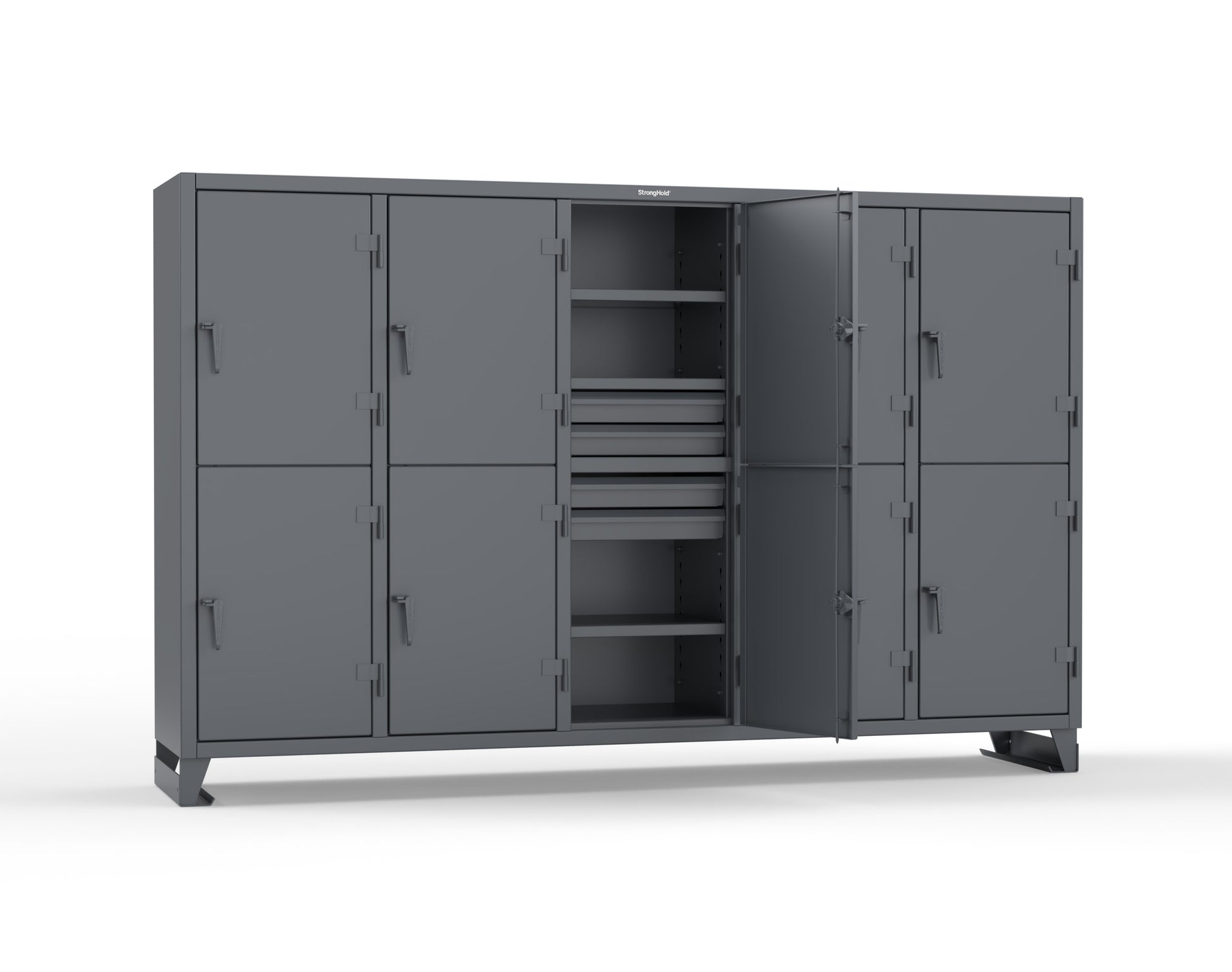 Extreme Duty 12 GA Double-Tier Locker with 10 Compartments, 15 Shelves, 20 Drawers - 122 in. W x 24in. D x 78 in. H - 106-24-2TPL-20DB-7024