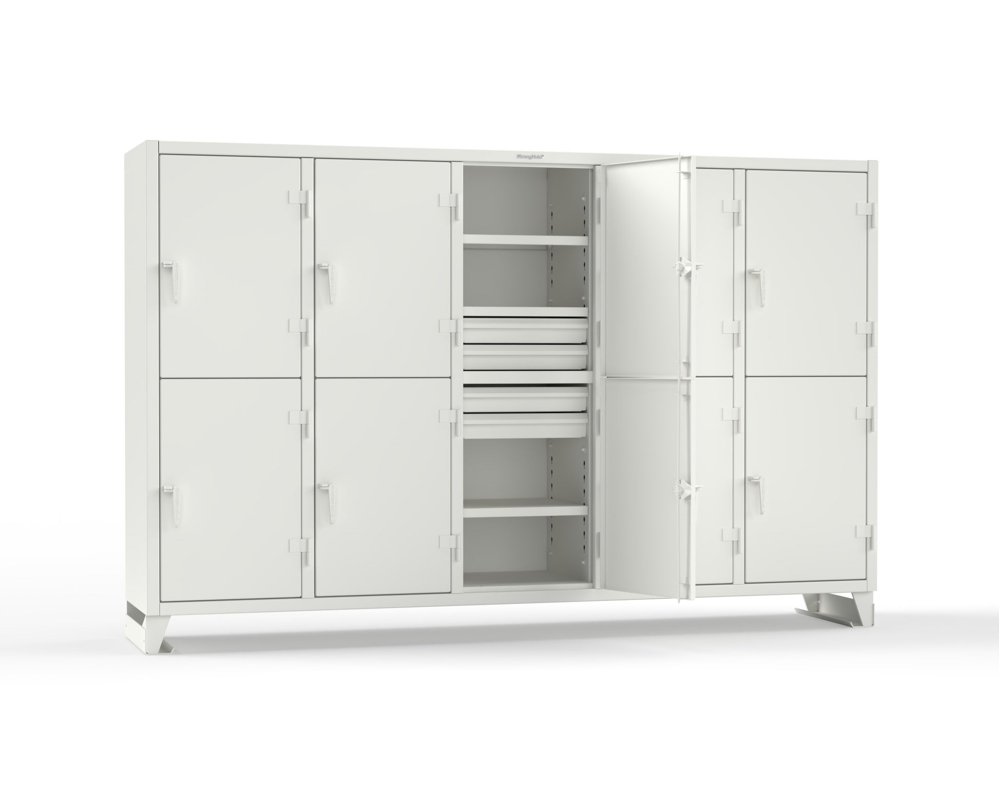 Extreme Duty 12 GA Double-Tier Locker with 10 Compartments, 15 Shelves, 20 Drawers - 122 in. W x 24in. D x 78 in. H - 106-24-2TPL-20DB-9003