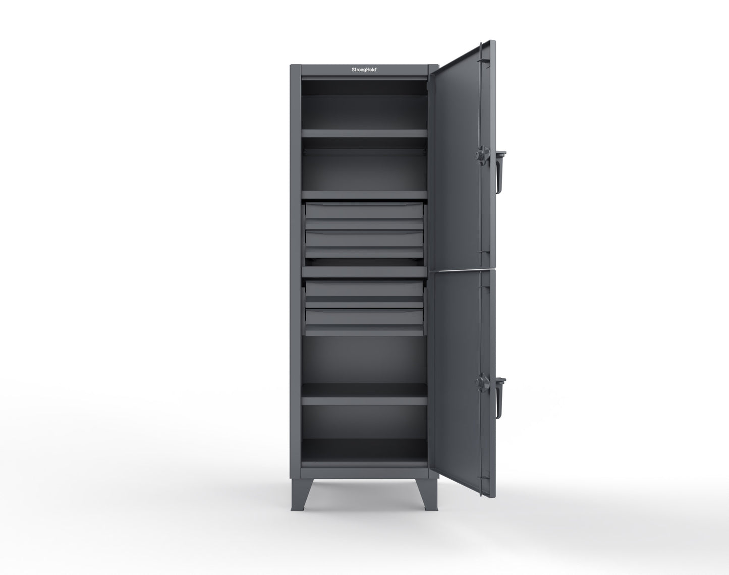 Extreme Duty 12 GA Double-Tier Locker with 2 Compartments, 3 Shelves, 4 Drawers - 26 in. W x 24in. D x 78 in. H - 26-24-2TPL-4DB-7024