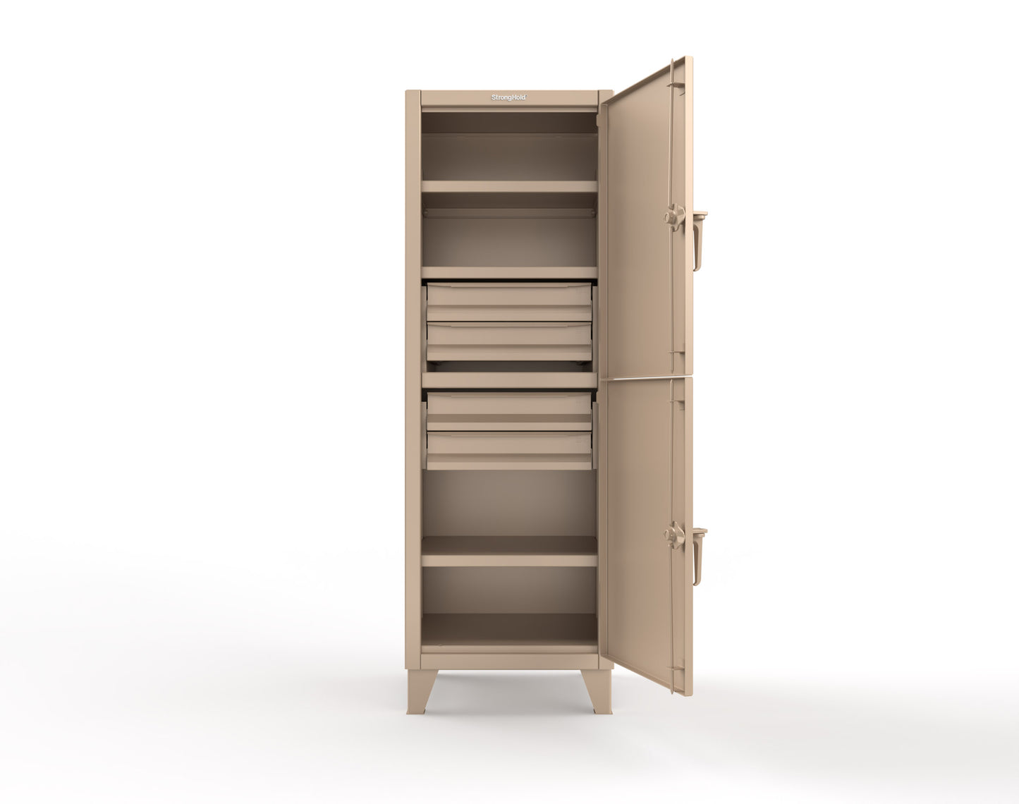 Extreme Duty 12 GA Double-Tier Locker with 2 Compartments, 3 Shelves, 4 Drawers - 26 in. W x 24in. D x 78 in. H - 26-24-2TPL-4DB-1019