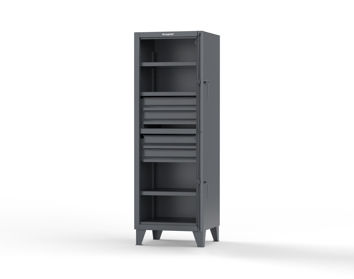 Extreme Duty 12 GA Double-Tier Locker with 2 Compartments, 3 Shelves, 4 Drawers - 26 in. W x 24in. D x 78 in. H - 26-24-2TPL-4DB-7024
