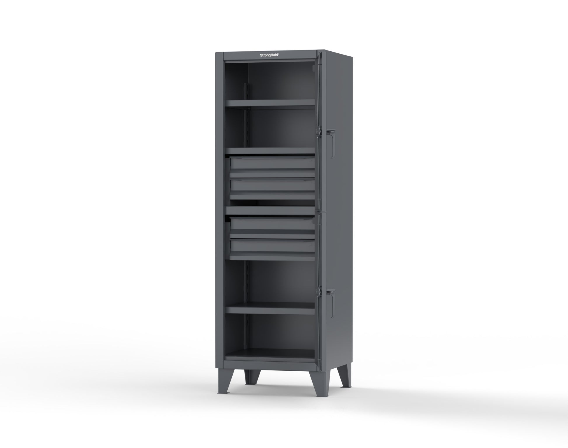 Extreme Duty 12 GA Double-Tier Locker with 2 Compartments, 3 Shelves, 4 Drawers - 26 in. W x 24in. D x 78 in. H - 26-24-2TPL-4DB-7024