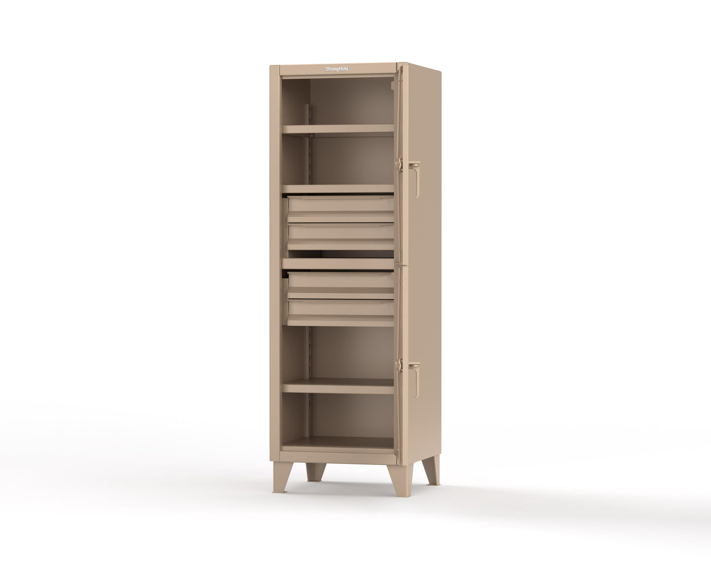 Extreme Duty 12 GA Double-Tier Locker with 2 Compartments, 3 Shelves, 4 Drawers - 26 in. W x 24in. D x 78 in. H - 26-24-2TPL-4DB-1019