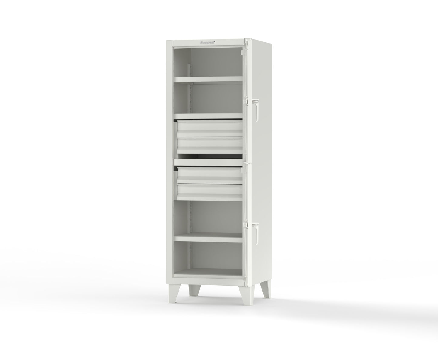 Extreme Duty 12 GA Double-Tier Locker with 2 Compartments, 3 Shelves, 4 Drawers - 26 in. W x 24in. D x 78 in. H - 26-24-2TPL-4DB-9003