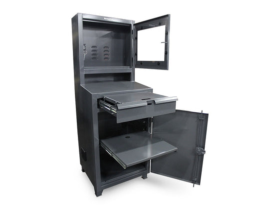Extreme Duty 12 GA Flat Screen Computer Cabinet with Retractable Keyboard, Slide-Out Shelf - 26 In. W x 24 In. D x 72 In. H