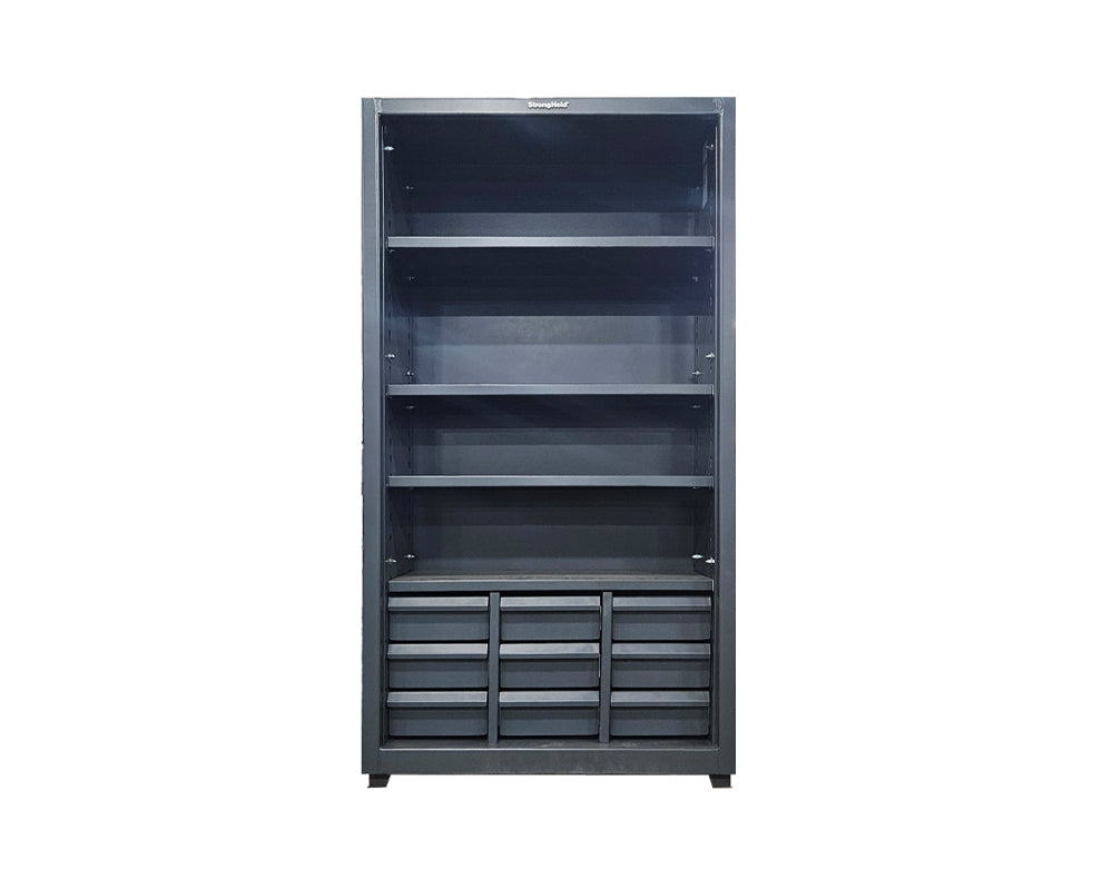 Extreme Duty 12 GA Closed Shelving Unit with 4 shelves and 9 drawers