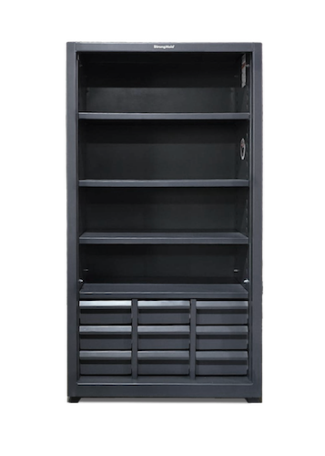 Extreme Duty 12 GA Closed Shelving Unit with 4 shelves and 9 drawers