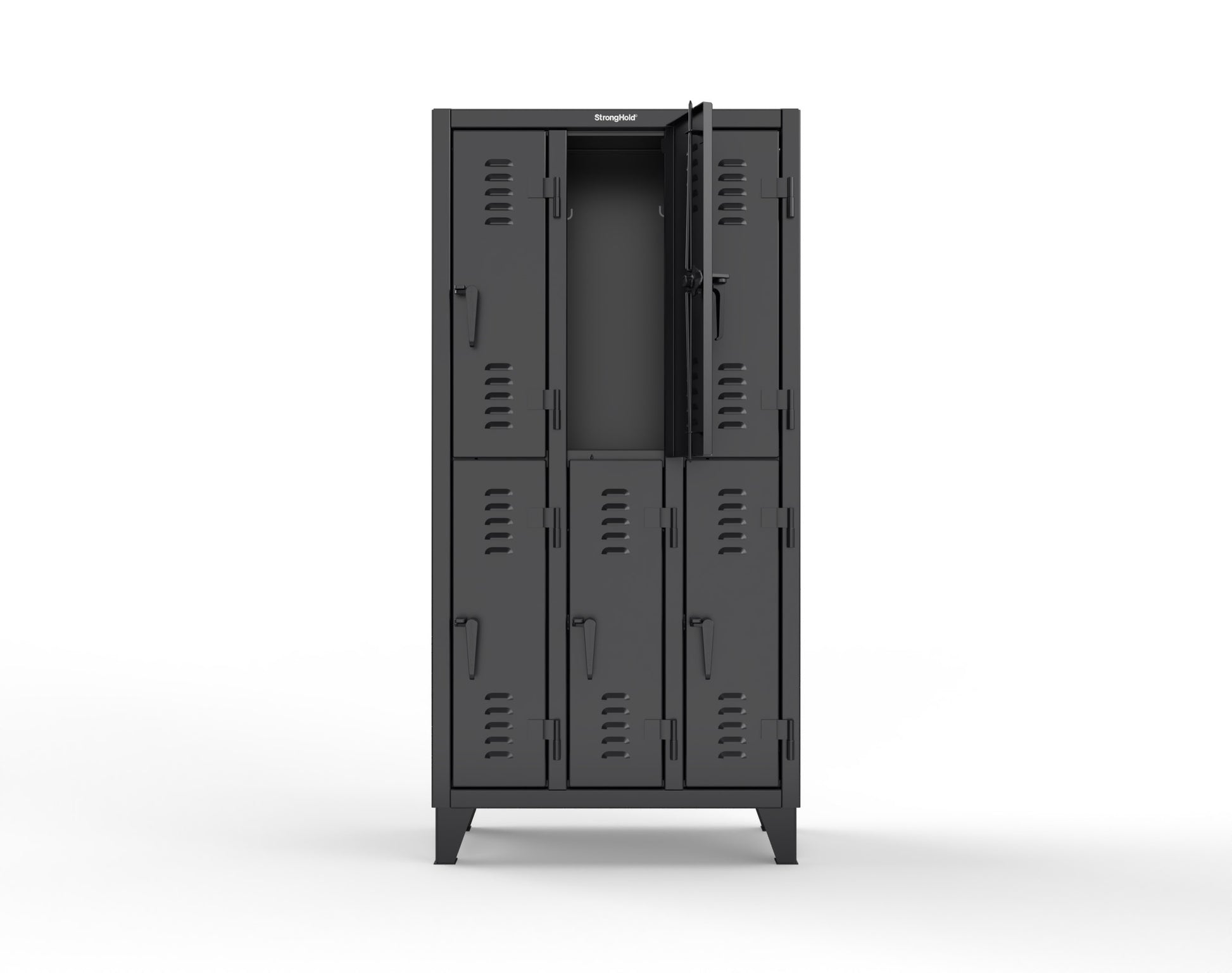 Extreme Duty 12 GA Double-Tier Locker with 6 Compartments, Louvered Doors, Coat Hooks - 38 in. W x 18in. D x 78 in. H - 36-18-2TSL-9005