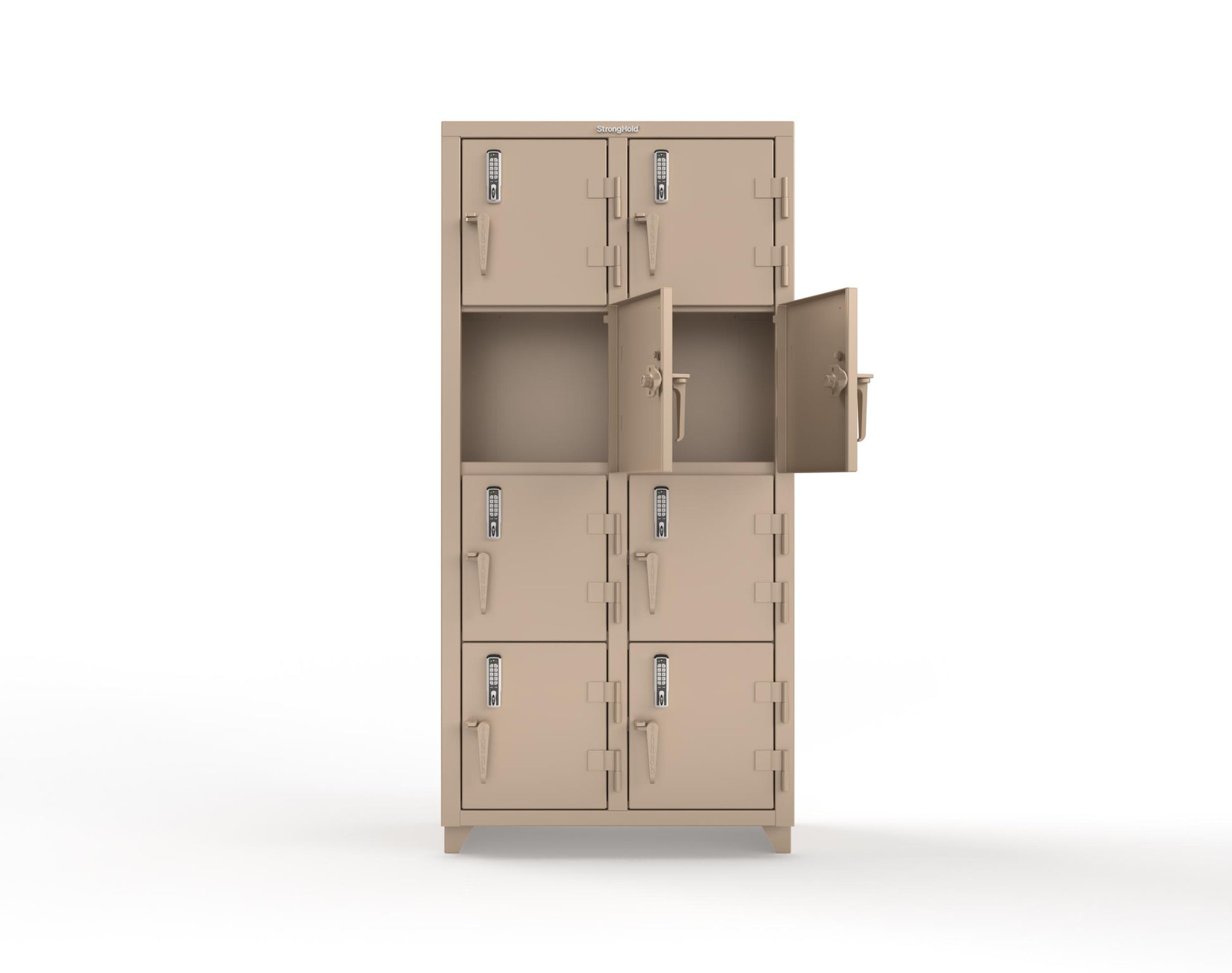 Extra Heavy Duty 14 GA 4-Tier Locker with Keyless Entry Lock, 8 Compartments – 36 in. W x 18 in. D x 75 in. H - 36-8D-18-4T-EK-L-1019