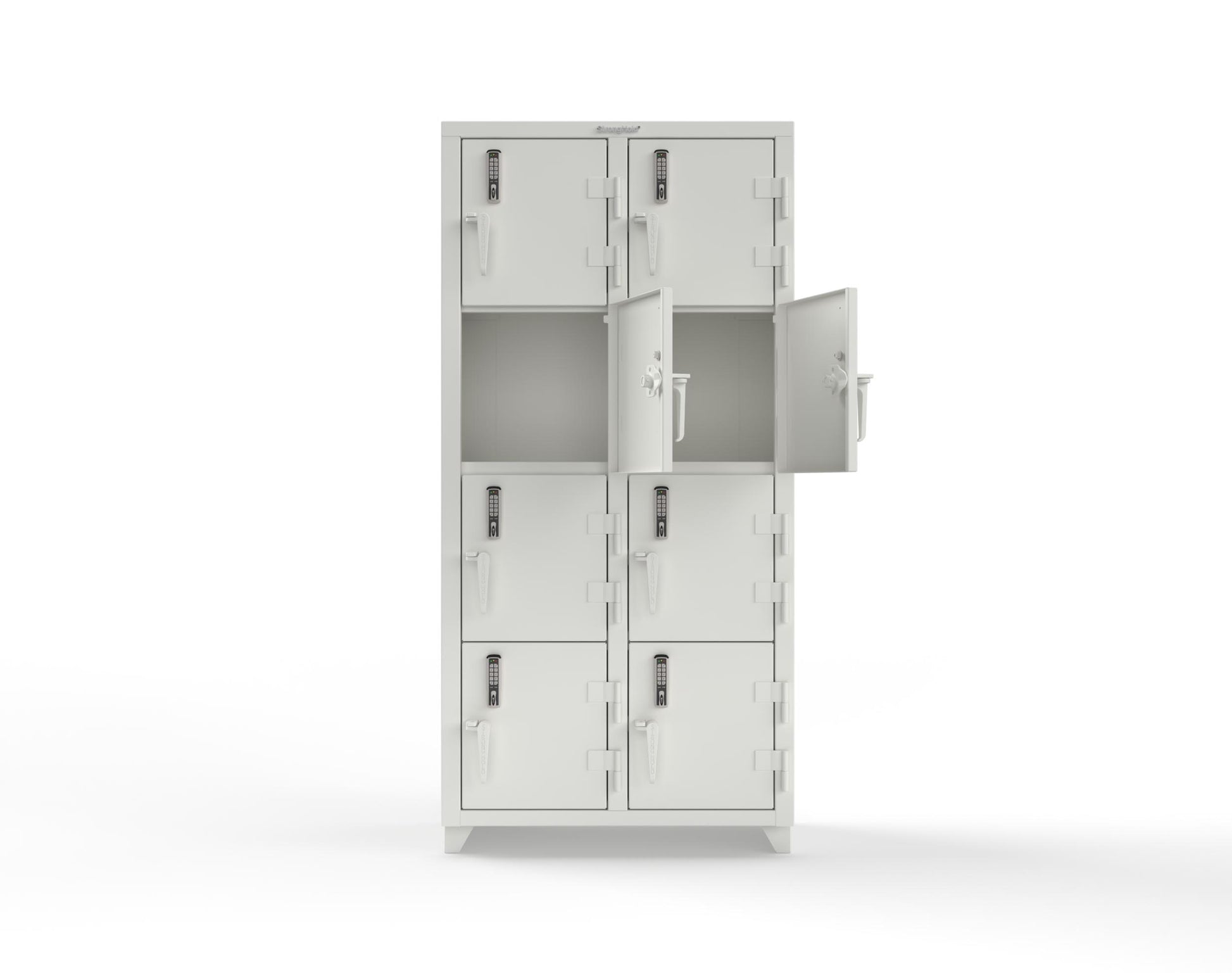 Extra Heavy Duty 14 GA 4-Tier Locker with Keyless Entry Lock, 8 Compartments – 36 in. W x 18 in. D x 75 in. H - 36-8D-18-4T-EK-L-9003