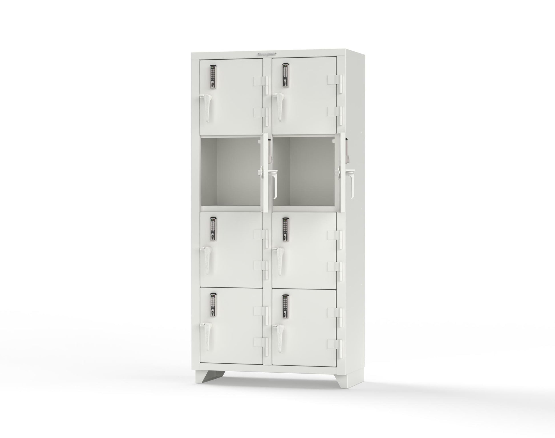 Extra Heavy Duty 14 GA 4-Tier Locker with Keyless Entry Lock, 8 Compartments – 36 in. W x 18 in. D x 75 in. H - 36-8D-18-4T-EK-L-9003