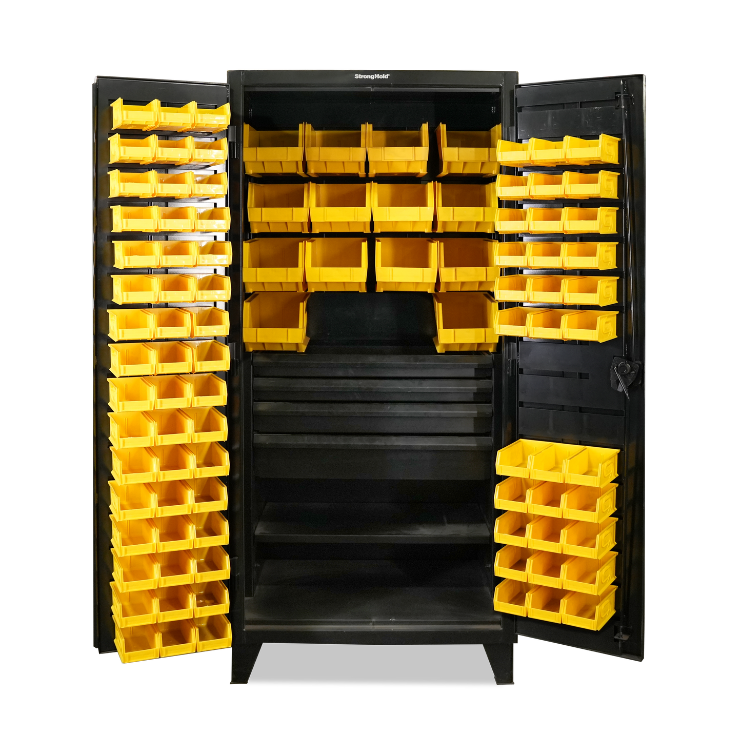 Extreme Duty 12 GA Bin Cabinet with Multiple Sized Bins, 4 Drawers, 1 Shelf - 36 In. W x 24 In. D x 78 In. H