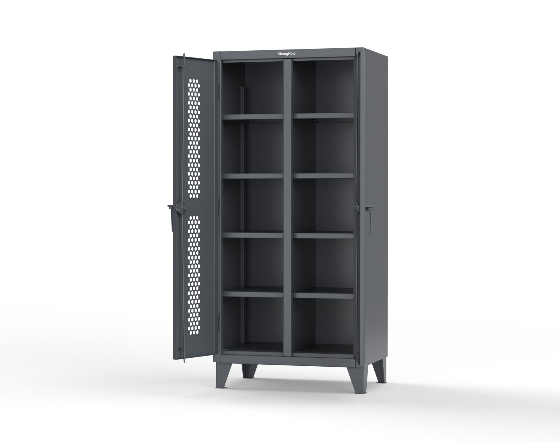 Extreme Duty 12 GA Ventilated (Hex) Double Shift Cabinet with 8 Shelves - 36 In. W x 24 In. D x 78 In. H - 36-DS-H-248-7024
