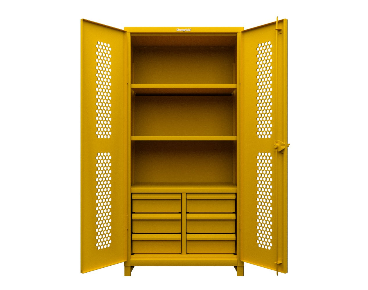 Extra Heavy Duty 14 GA Ventilated (Hex) Cabinet with 6 Half-Width Drawers, 3 Shelves - 36 In. W x 24 In. D x 75 In. H