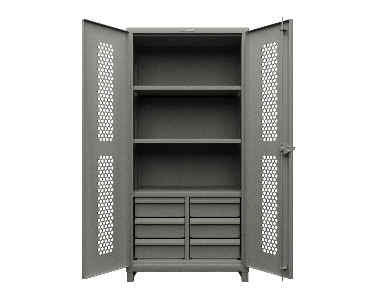 Extra Heavy Duty 14 GA Ventilated (Hex) Cabinet with 6 Half-Width Drawers, 3 Shelves - 36 In. W x 24 In. D x 75 In. H