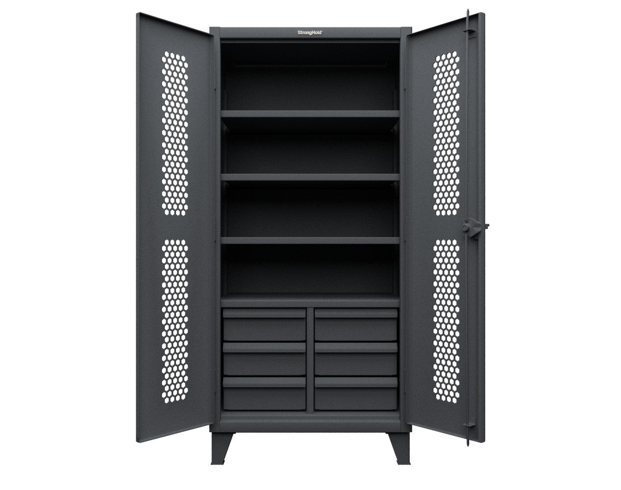 Extreme Duty 12 GA Ventilated (Hex) Cabinet with 6 Half-Width Drawers, 4 Shelves - 36 In. W x 24 In. D x 78 In. H