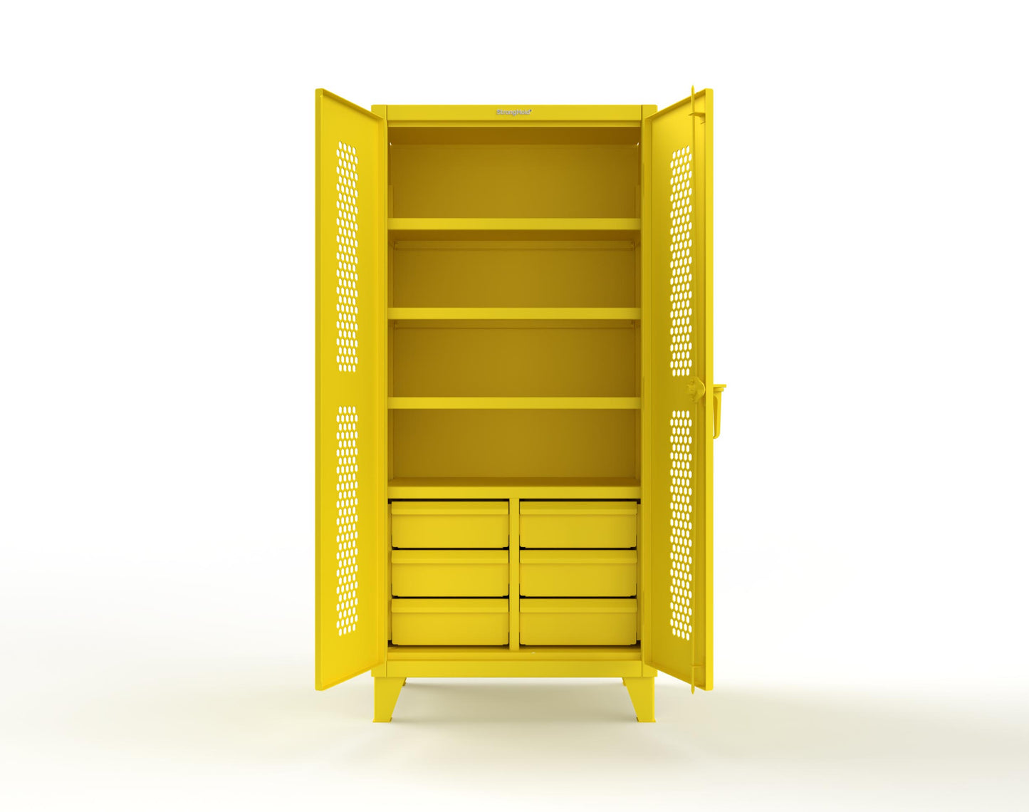 Extreme Duty 12 GA Ventilated (Hex) Cabinet with 6 Half-Width Drawers, 4 Shelves - 36 In. W x 24 In. D x 78 In. H - 36-H-244-6/5DB-1021