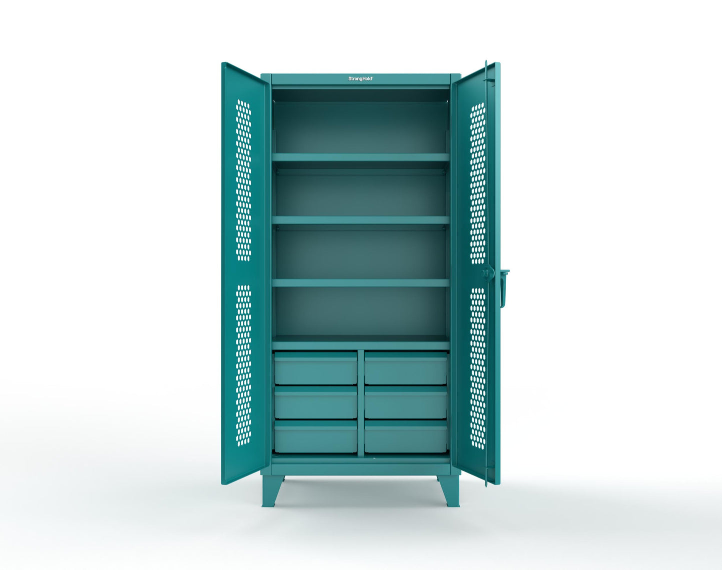 Extreme Duty 12 GA Ventilated (Hex) Cabinet with 6 Half-Width Drawers, 4 Shelves - 36 In. W x 24 In. D x 78 In. H - 36-H-244-6/5DB-5021