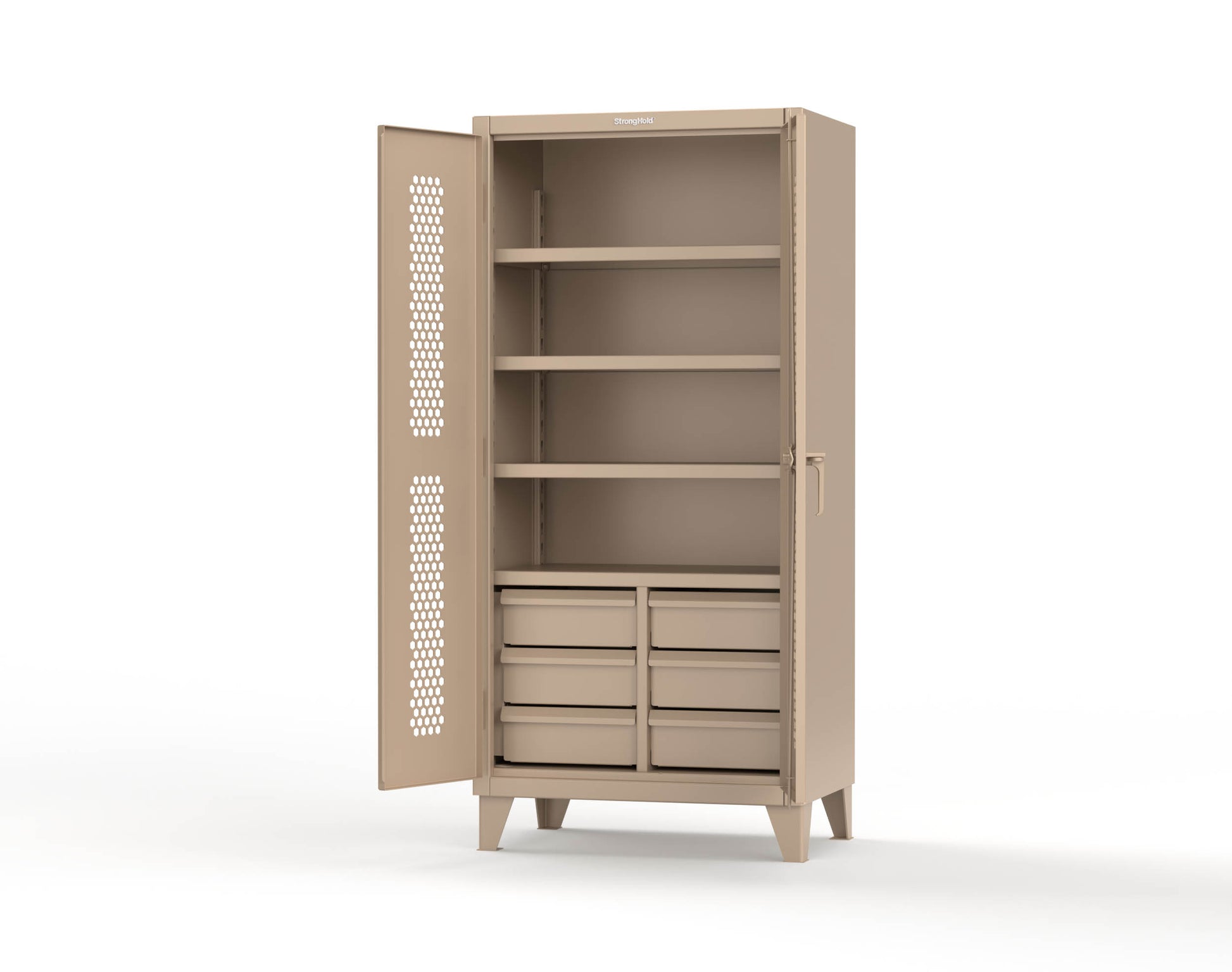 Extreme Duty 12 GA Ventilated (Hex) Cabinet with 6 Half-Width Drawers, 4 Shelves - 36 In. W x 24 In. D x 78 In. H - 36-H-244-6/5DB-1019
