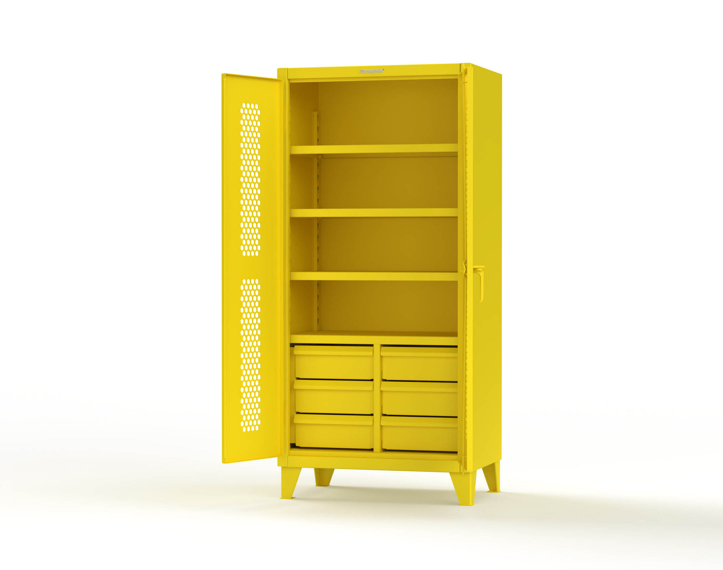 Extreme Duty 12 GA Ventilated (Hex) Cabinet with 6 Half-Width Drawers, 4 Shelves - 36 In. W x 24 In. D x 78 In. H - 36-H-244-6/5DB-1021