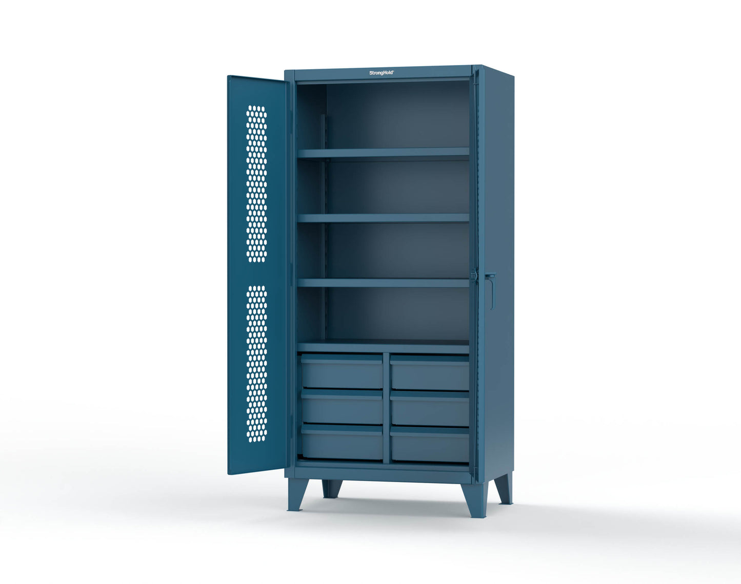 Extreme Duty 12 GA Ventilated (Hex) Cabinet with 6 Half-Width Drawers, 4 Shelves - 36 In. W x 24 In. D x 78 In. H - 36-H-244-6/5DB-5001