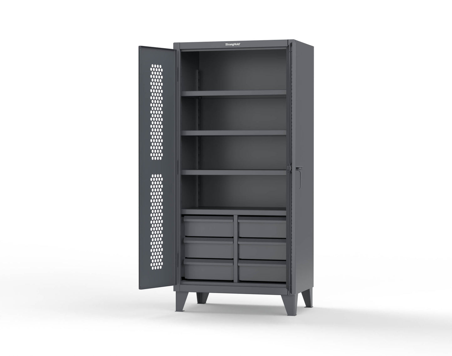 Extreme Duty 12 GA Ventilated (Hex) Cabinet with 6 Half-Width Drawers, 4 Shelves - 36 In. W x 24 In. D x 78 In. H - 36-H-244-6/5DB-7024