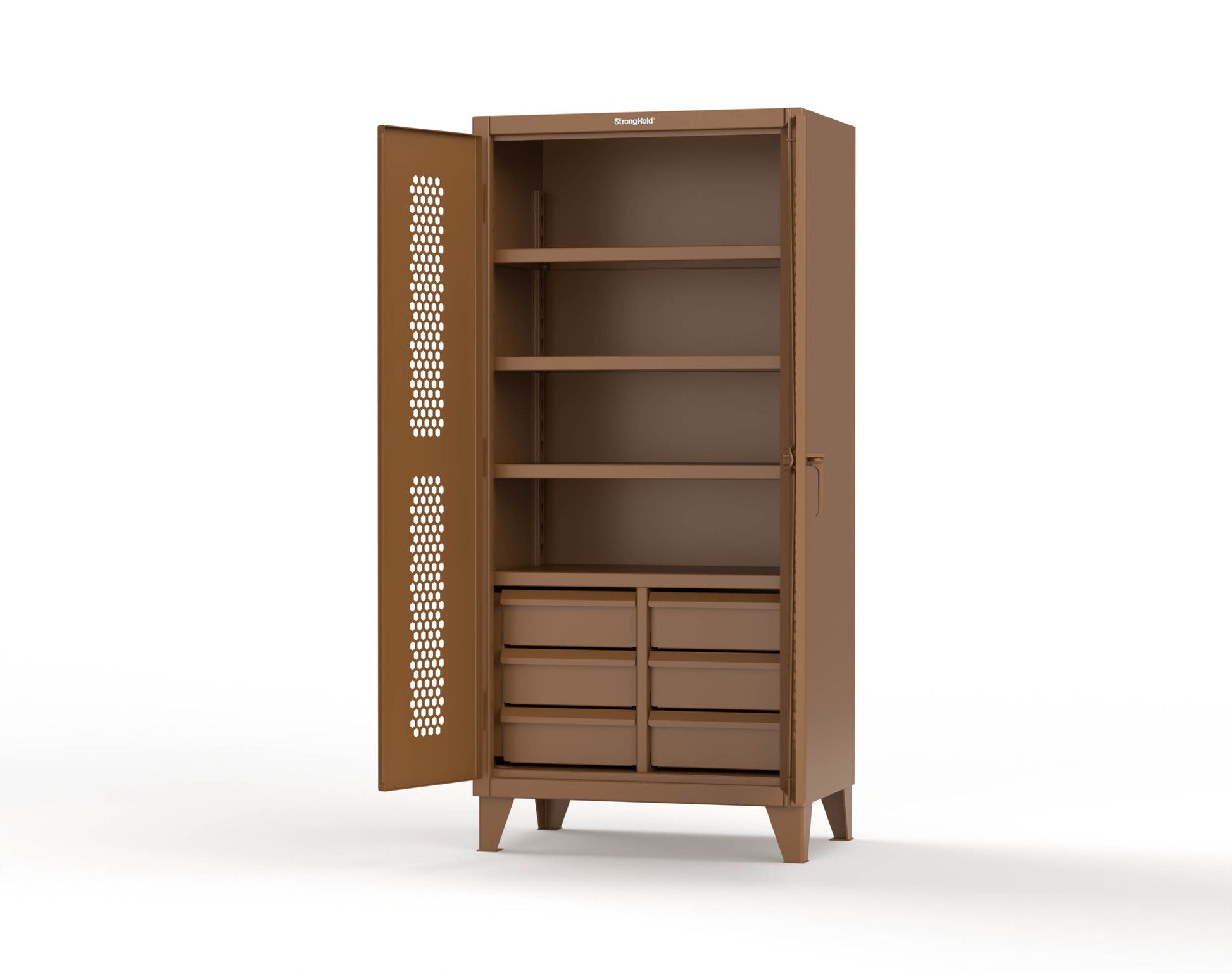 Extreme Duty 12 GA Ventilated (Hex) Cabinet with 6 Half-Width Drawers, 4 Shelves - 36 In. W x 24 In. D x 78 In. H - 36-H-244-6/5DB-8008