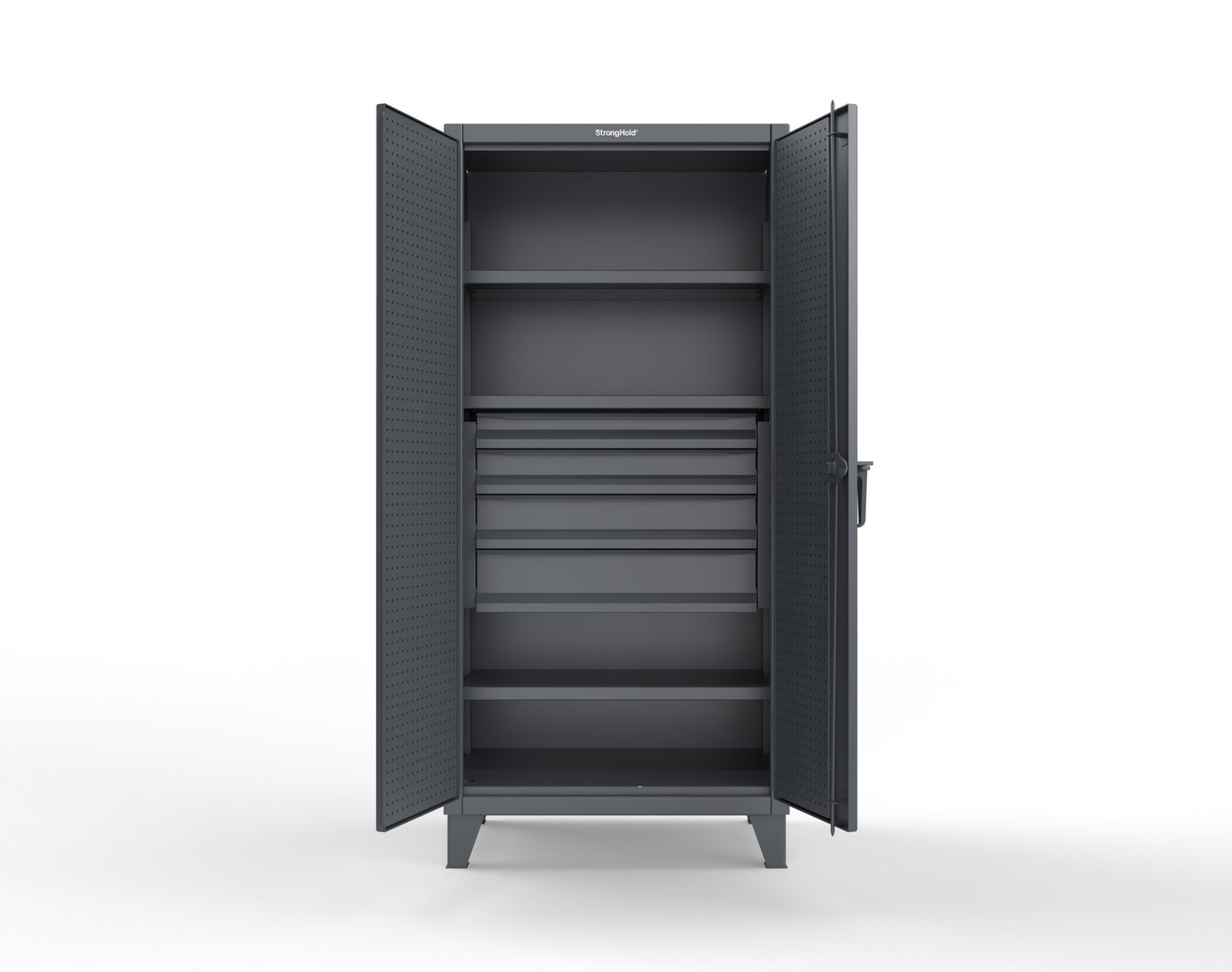 Extreme Duty 12 GA Cabinet with Pegboard Doors, Broom Handles, 4 Drawers, 3 Shelves - 36 In. W x 24 In. D x 78 In. H - 36-PB-243-4DB-BH-7024