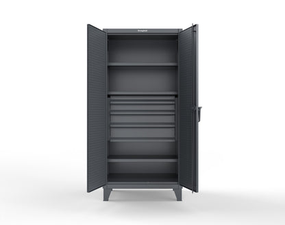 Extreme Duty 12 GA Cabinet with Pegboard Doors, Broom Handles, 4 Drawers, 3 Shelves - 36 In. W x 24 In. D x 78 In. H - 36-PB-243-4DB-BH-7024