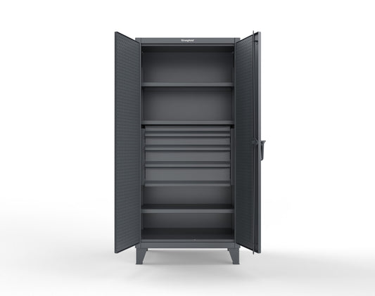 Extreme Duty 12 GA Cabinet with Pegboard Doors, Broom Handles, 4 Drawers, 3 Shelves - 36 In. W x 24 In. D x 78 In. H - 36-PB-243-4DB-BH-7024