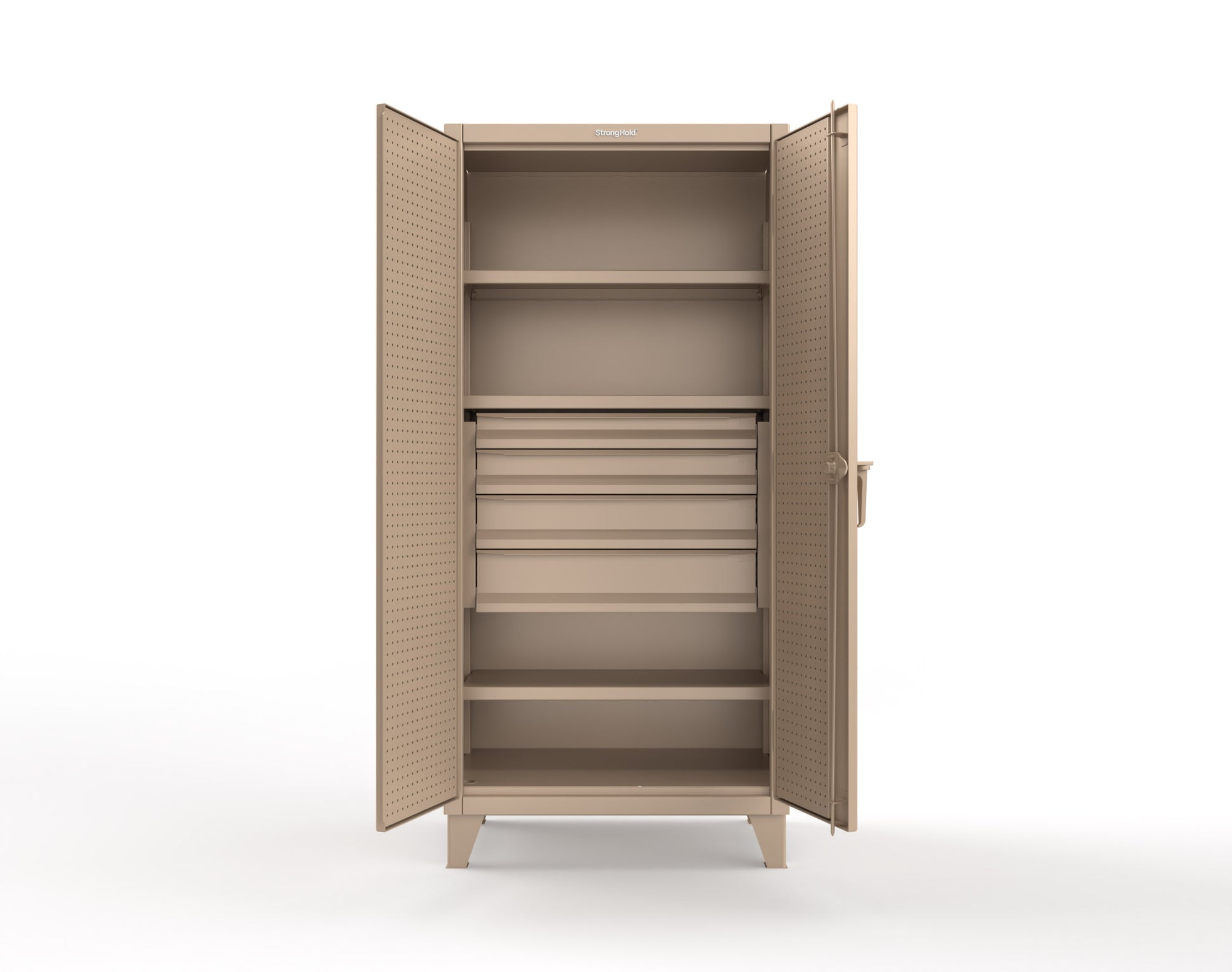 Extreme Duty 12 GA Cabinet with Pegboard Doors, Broom Handles, 4 Drawers, 3 Shelves - 36 In. W x 24 In. D x 78 In. H - 36-PB-243-4DB-BH-1019