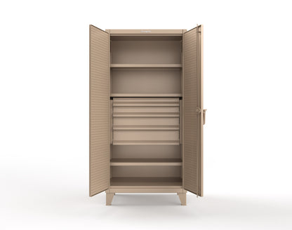 Extreme Duty 12 GA Cabinet with Pegboard Doors, Broom Handles, 4 Drawers, 3 Shelves - 36 In. W x 24 In. D x 78 In. H - 36-PB-243-4DB-BH-1019