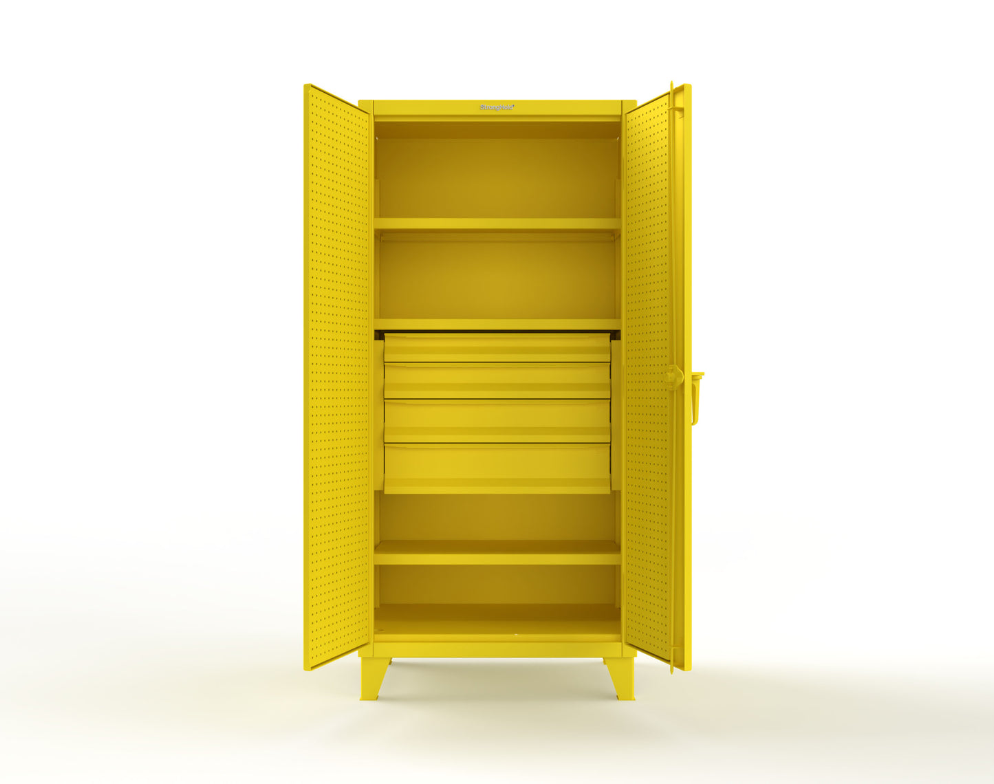 Extreme Duty 12 GA Cabinet with Pegboard Doors, Broom Handles, 4 Drawers, 3 Shelves - 36 In. W x 24 In. D x 78 In. H - 36-PB-243-4DB-BH-1021