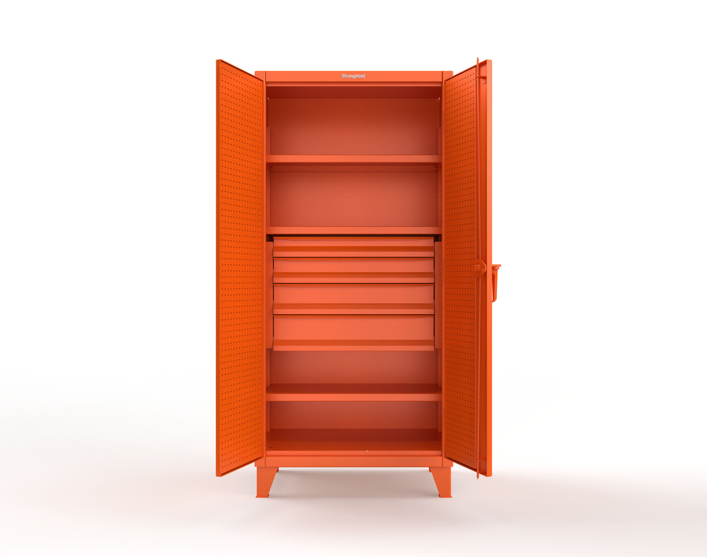 Extreme Duty 12 GA Cabinet with Pegboard Doors, Broom Handles, 4 Drawers, 3 Shelves - 36 In. W x 24 In. D x 78 In. H - 36-PB-243-4DB-BH-2009