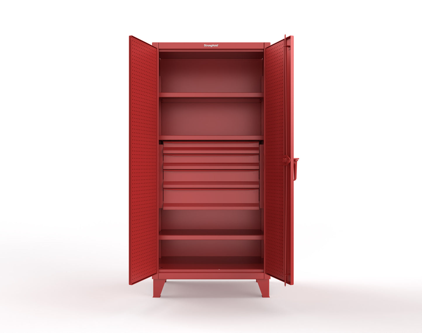 Extreme Duty 12 GA Cabinet with Pegboard Doors, Broom Handles, 4 Drawers, 3 Shelves - 36 In. W x 24 In. D x 78 In. H - 36-PB-243-4DB-BH-3001