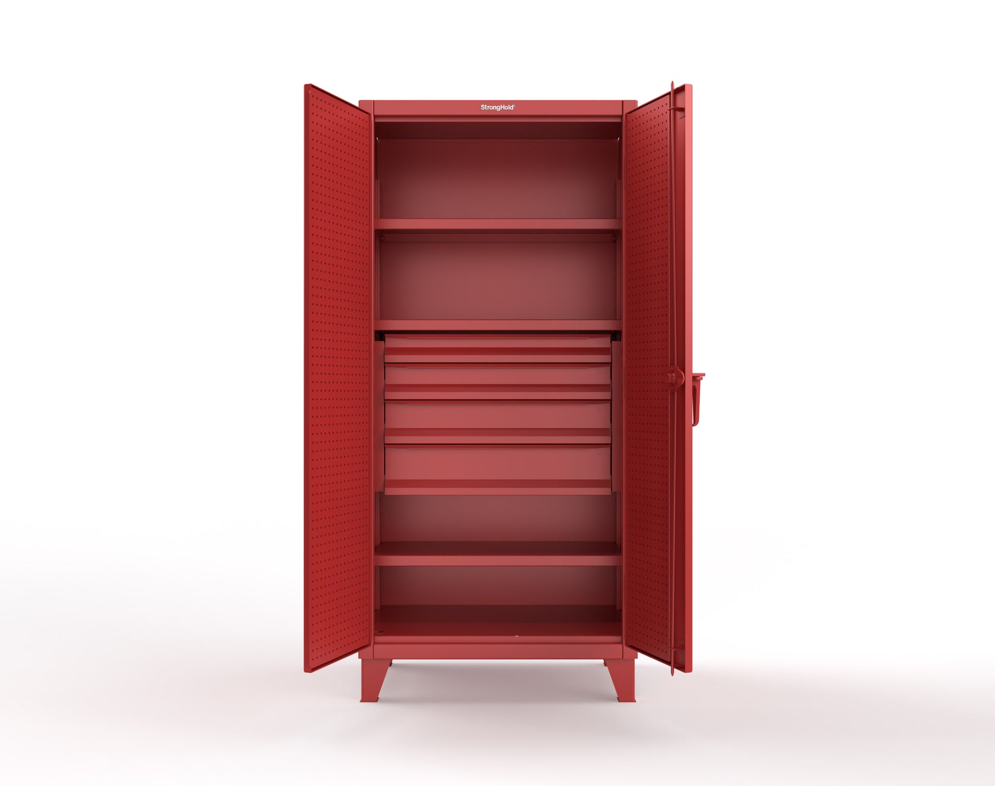 Extreme Duty 12 GA Cabinet with Pegboard Doors, Broom Handles, 4 Drawers, 3 Shelves - 36 In. W x 24 In. D x 78 In. H - 36-PB-243-4DB-BH-3001