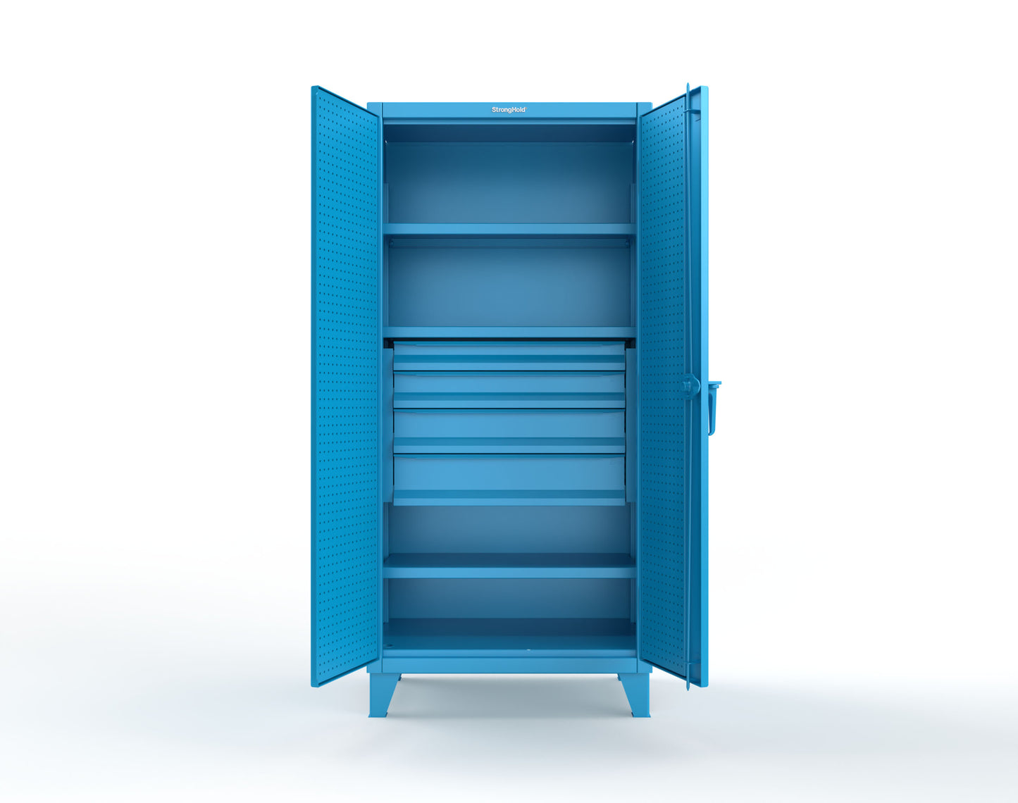 Extreme Duty 12 GA Cabinet with Pegboard Doors, Broom Handles, 4 Drawers, 3 Shelves - 36 In. W x 24 In. D x 78 In. H - 36-PB-243-4DB-BH-5012