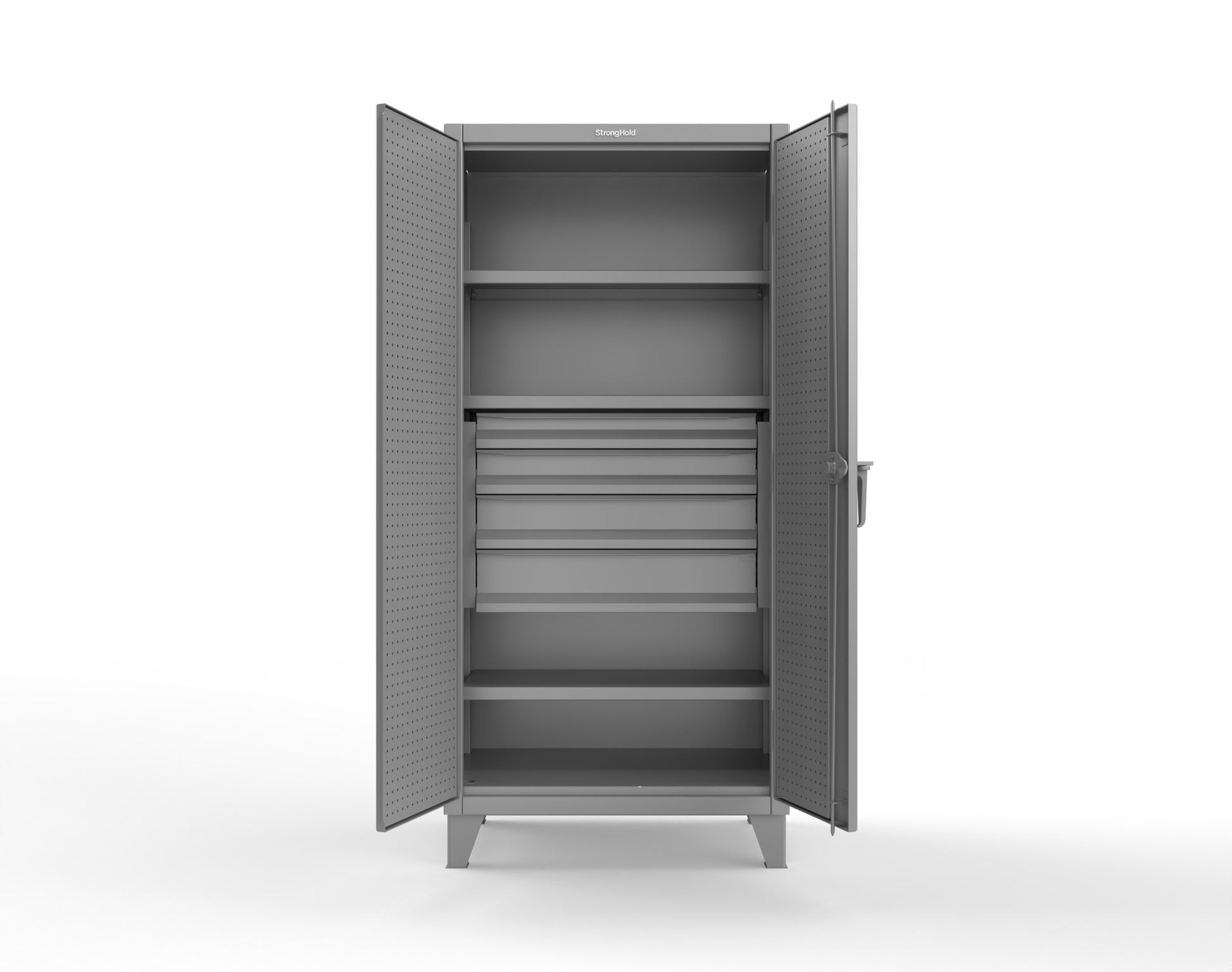 Extreme Duty 12 GA Cabinet with Pegboard Doors, Broom Handles, 4 Drawers, 3 Shelves - 36 In. W x 24 In. D x 78 In. H - 36-PB-243-4DB-BH-7037