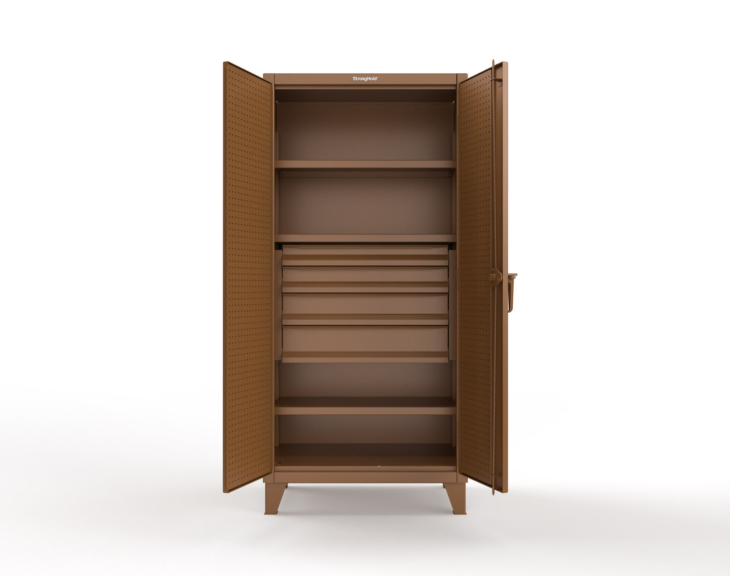 Extreme Duty 12 GA Cabinet with Pegboard Doors, Broom Handles, 4 Drawers, 3 Shelves - 36 In. W x 24 In. D x 78 In. H - 36-PB-243-4DB-BH-8008