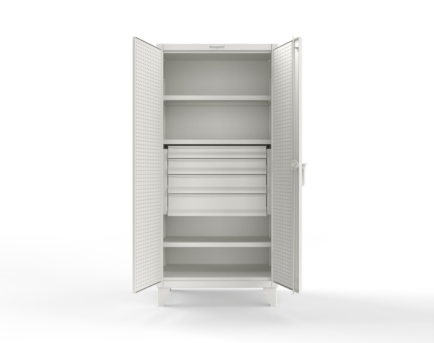 Extreme Duty 12 GA Cabinet with Pegboard Doors, Broom Handles, 4 Drawers, 3 Shelves - 36 In. W x 24 In. D x 78 In. H - 36-PB-243-4DB-BH-9003