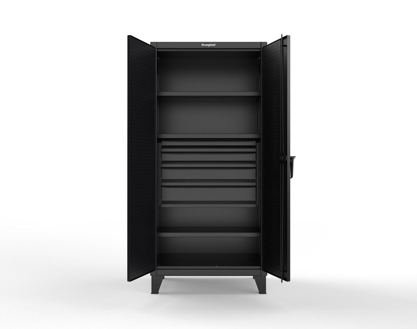 Extreme Duty 12 GA Cabinet with Pegboard Doors, Broom Handles, 4 Drawers, 3 Shelves - 36 In. W x 24 In. D x 78 In. H - 36-PB-243-4DB-BH-9005