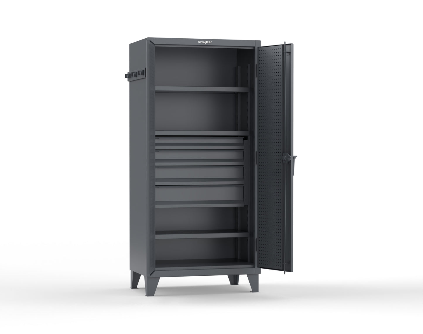 Extreme Duty 12 GA Cabinet with Pegboard Doors, Broom Handles, 4 Drawers, 3 Shelves - 36 In. W x 24 In. D x 78 In. H - 36-PB-243-4DB-BH-7024